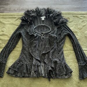 Faux-Fur Trim Ruffled Open-Front Sweater Cardigan - Dark Gray